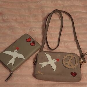 Beige Crossbody Bag and Wallet Set with Dove and Peace Sign